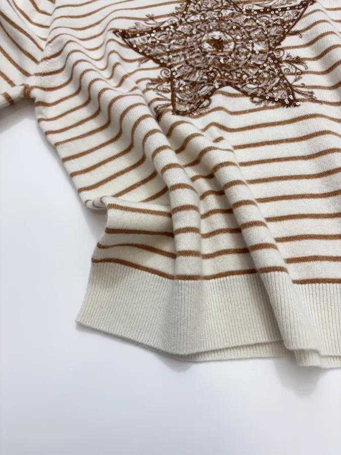 Star-pattern striped round-neck long-sleeve knit top in As Shown, product view 10
