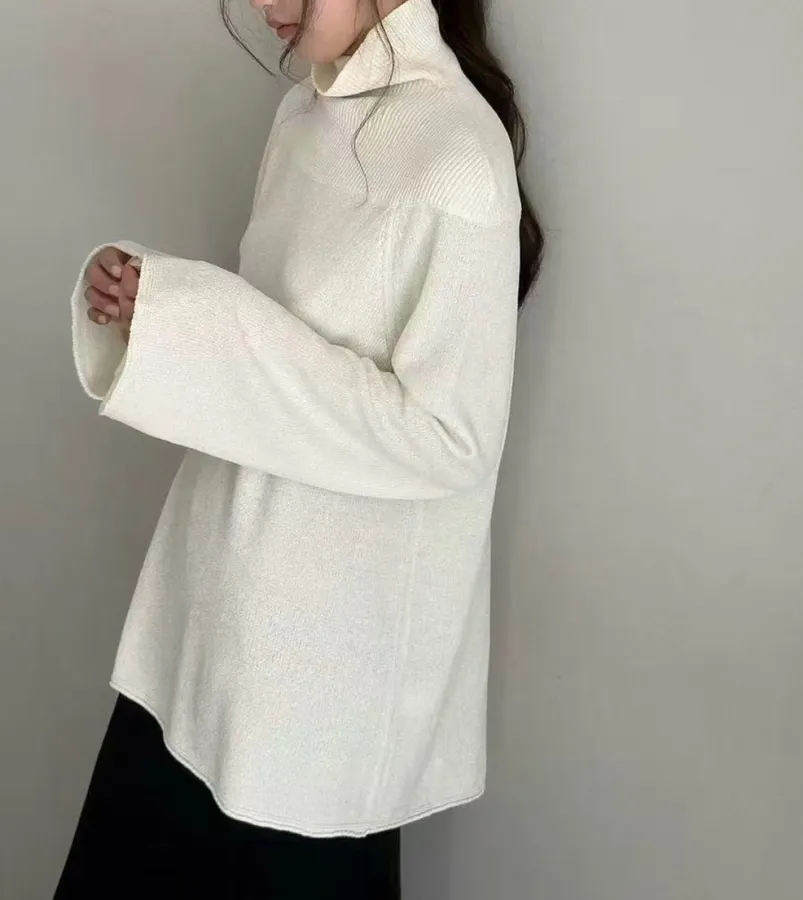 RUOHAN Ivory High-Neck Relaxed Long-Sleeve Top in Ivory, product view