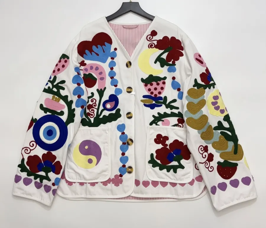 Velvet appliqué 3D-embroidered structured blazer with striped lining in As Shown, product view