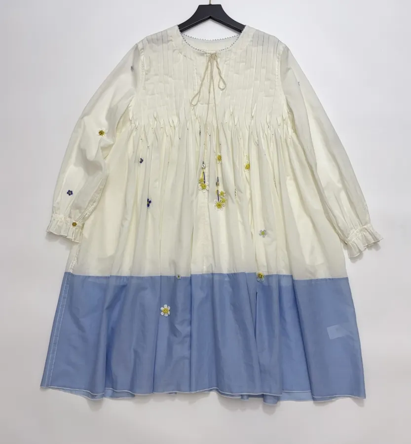 复古 压褶手工钉珠彩色立体花朵 宽松拼色衬衫连衣裙，As Shown，商品图 1