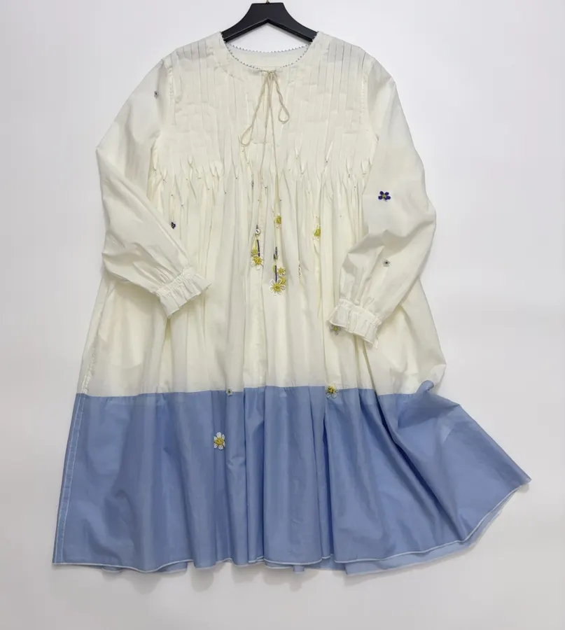 复古 压褶手工钉珠彩色立体花朵 宽松拼色衬衫连衣裙，As Shown，商品图 2