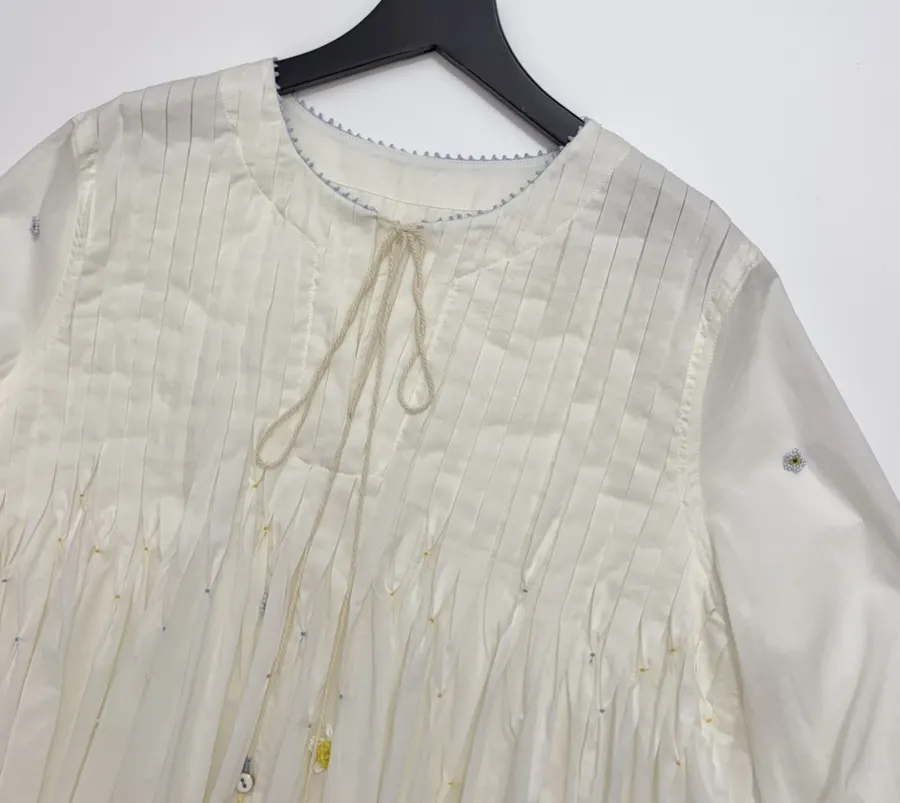 复古 压褶手工钉珠彩色立体花朵 宽松拼色衬衫连衣裙，As Shown，商品图 3