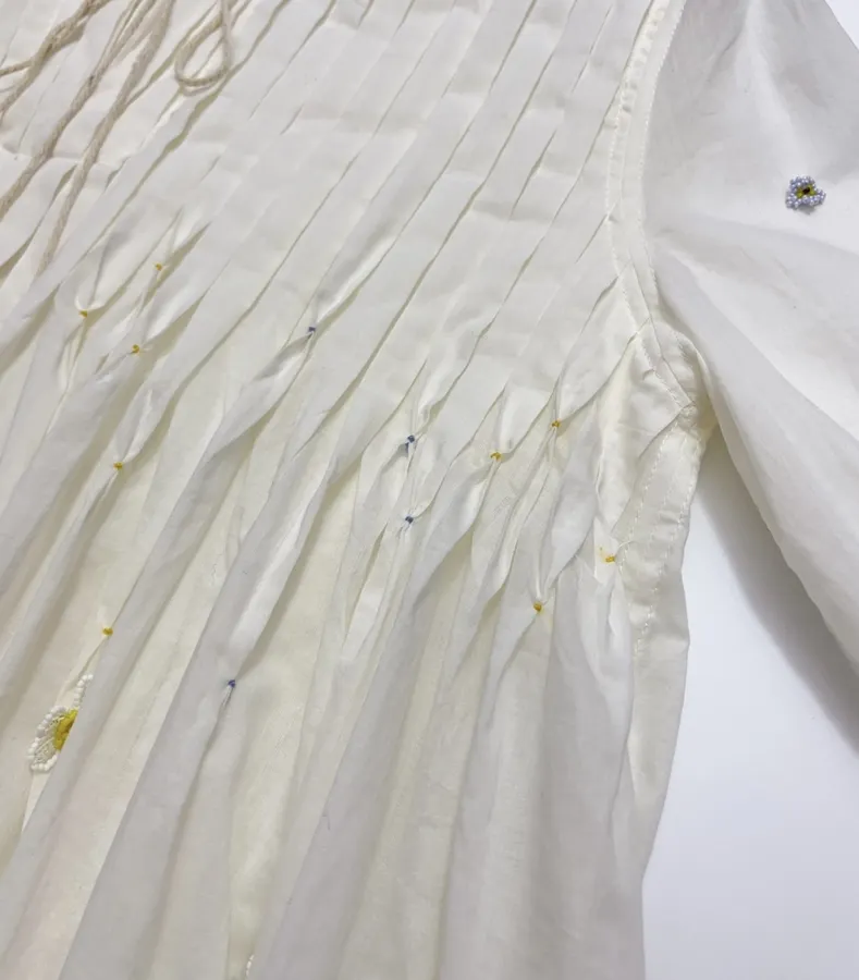 复古 压褶手工钉珠彩色立体花朵 宽松拼色衬衫连衣裙，As Shown，商品图 11