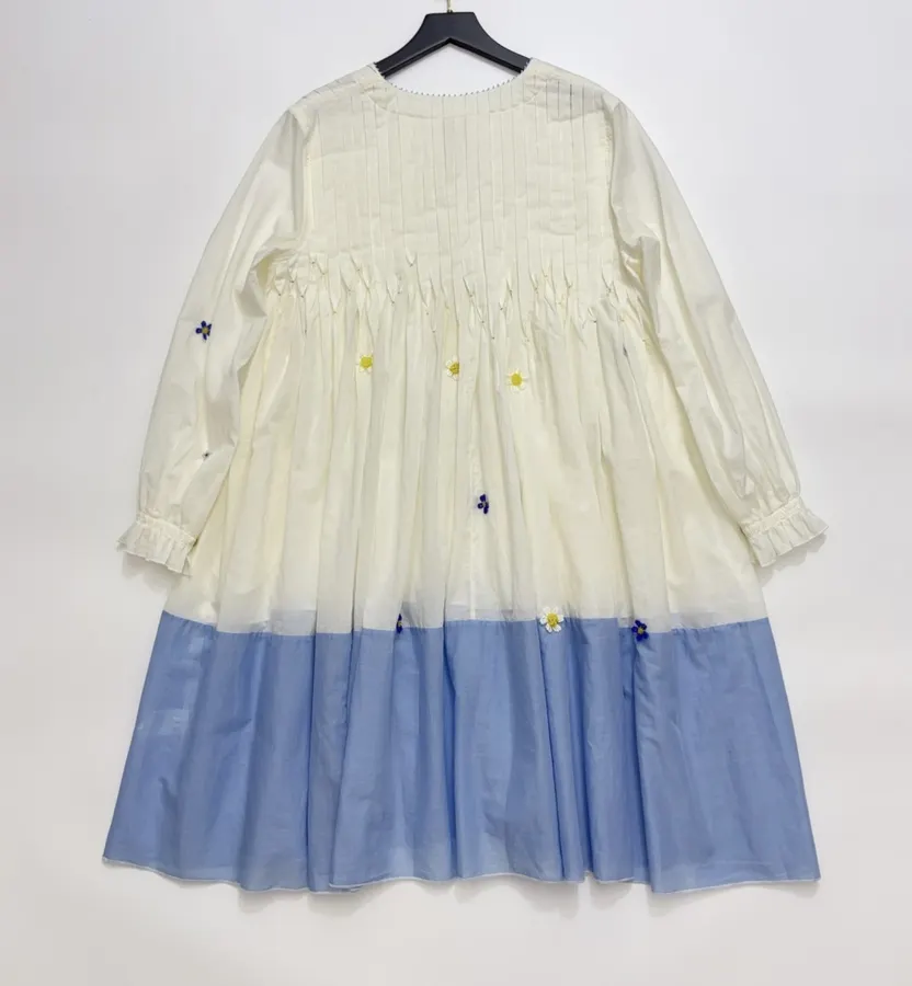 复古 压褶手工钉珠彩色立体花朵 宽松拼色衬衫连衣裙，As Shown，商品图 23