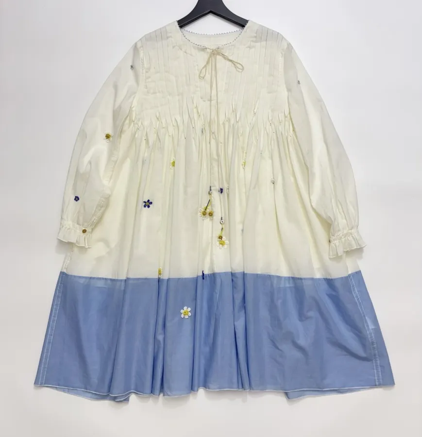 复古 压褶手工钉珠彩色立体花朵 宽松拼色衬衫连衣裙，As Shown，商品图 24