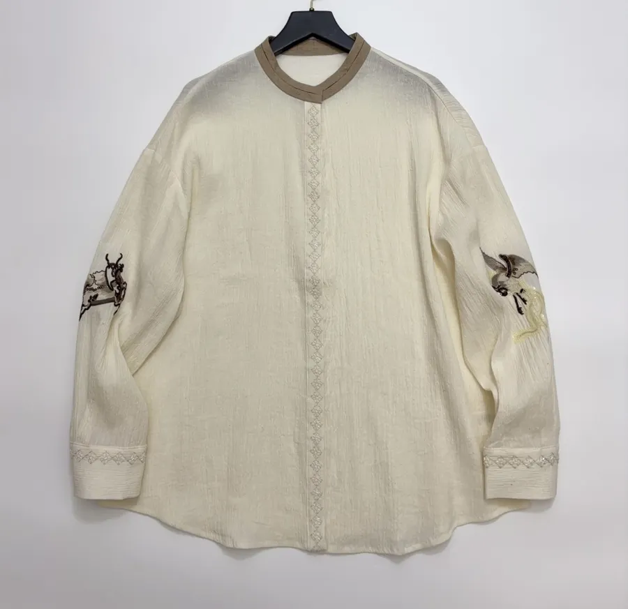 Long-sleeve embroidered and beaded crane shirt with contrast-textured collar in As Shown, product view