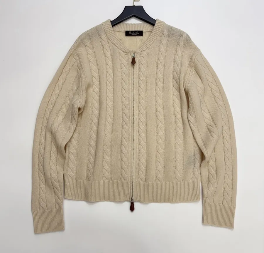 Loro Piana Retro Houndstooth Solid Cardigan, Relaxed Short Zip-Up Knit in As Shown, product view 01