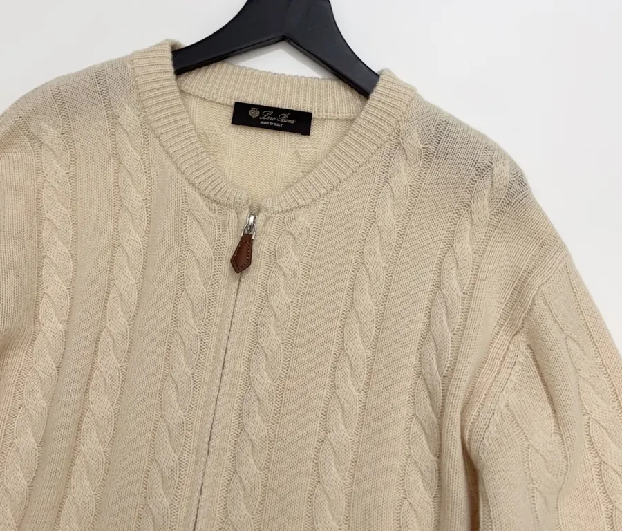 Loro Piana Retro Houndstooth Solid Cardigan, Relaxed Short Zip-Up Knit in As Shown, product view 02