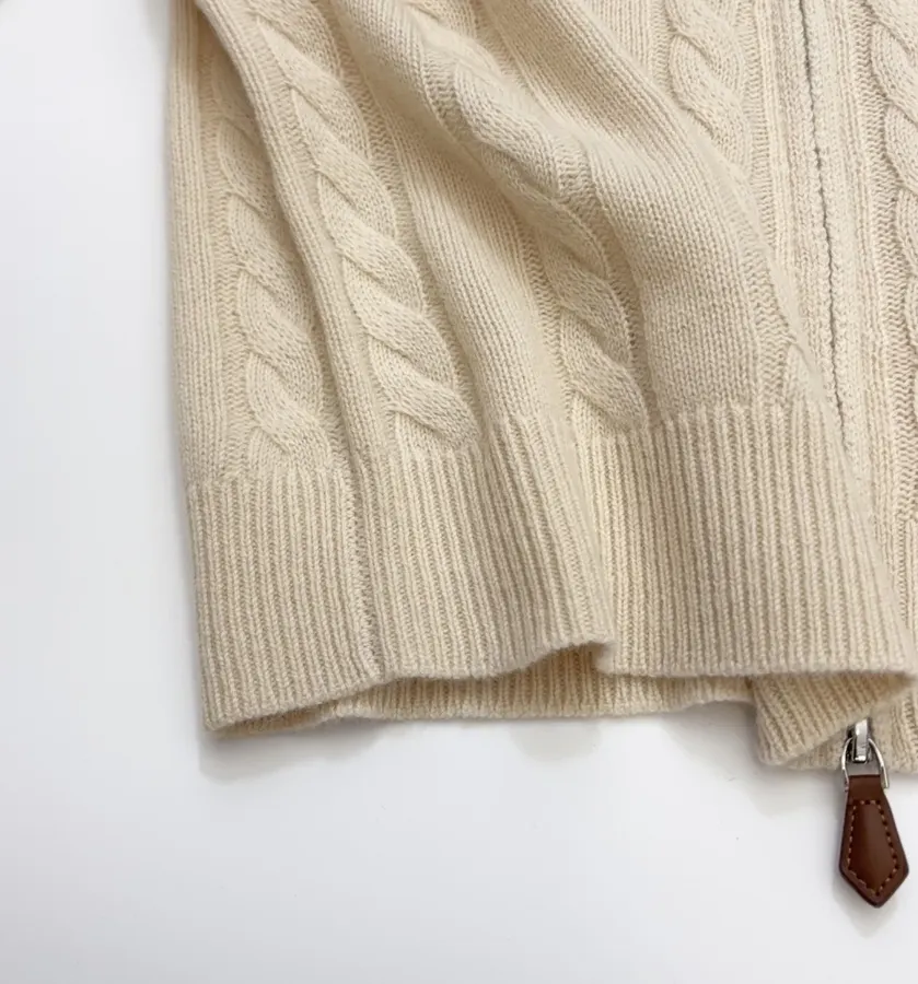 Loro Piana Retro Houndstooth Solid Cardigan, Relaxed Short Zip-Up Knit in As Shown, product view 09
