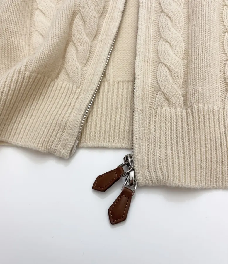 Loro Piana Retro Houndstooth Solid Cardigan, Relaxed Short Zip-Up Knit in As Shown, product view 12