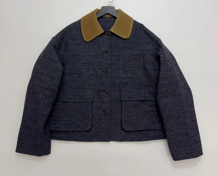 Retro corduroy notched-collar short jacket with contrast-check lining in As Shown, product view