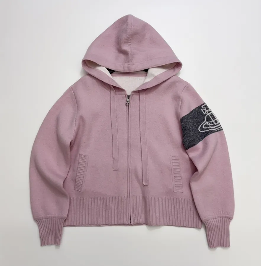 Vivienne Westwood Westwood-Inspired Gray-Pink Saturn-Arm Patch Hooded Wool Jacket, Soft-Feminine Zip-Up Knit Hoodie in As Shown, product view
