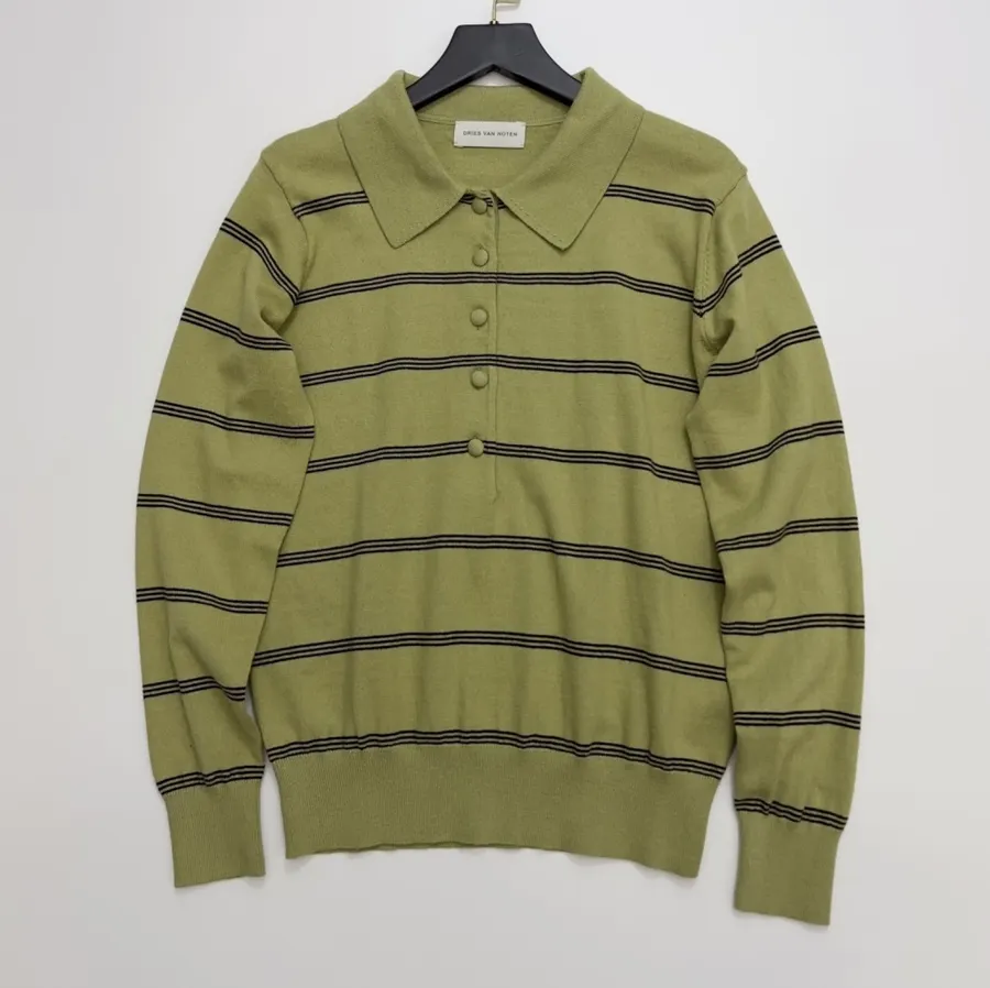 Dries Van Noten Retro olive green striped long-sleeve knit sweater with wide collar in As Shown, product view