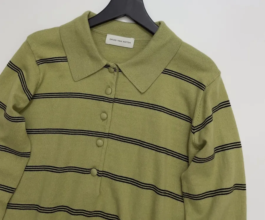 Dries Van Noten Retro olive green striped long-sleeve knit sweater with wide collar in As Shown, product view 02