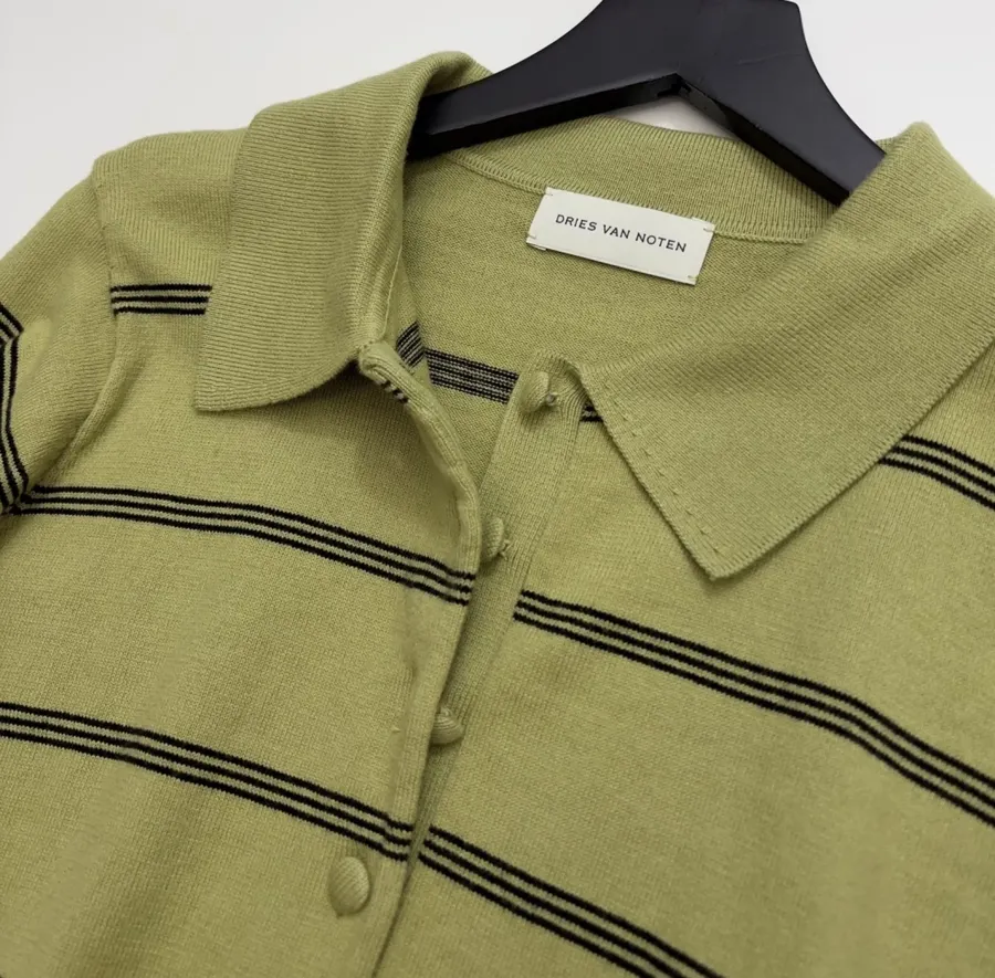 Dries Van Noten Retro olive green striped long-sleeve knit sweater with wide collar in As Shown, product view 04
