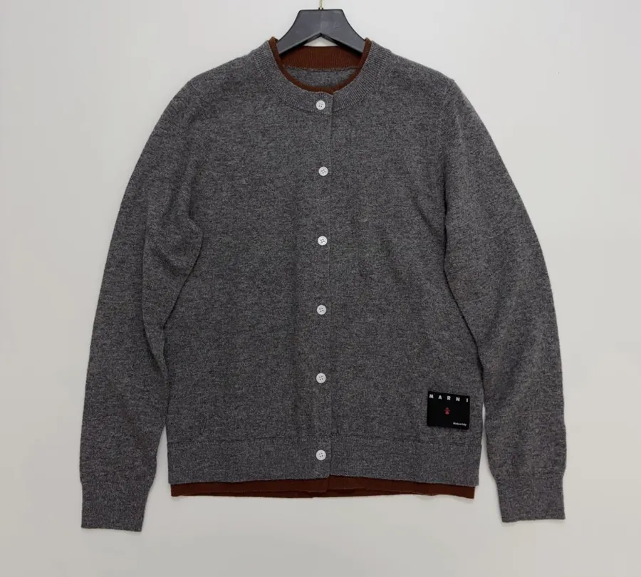 Marni Two-tone ribbed crewneck cardigan with contrast label in As Shown, product view