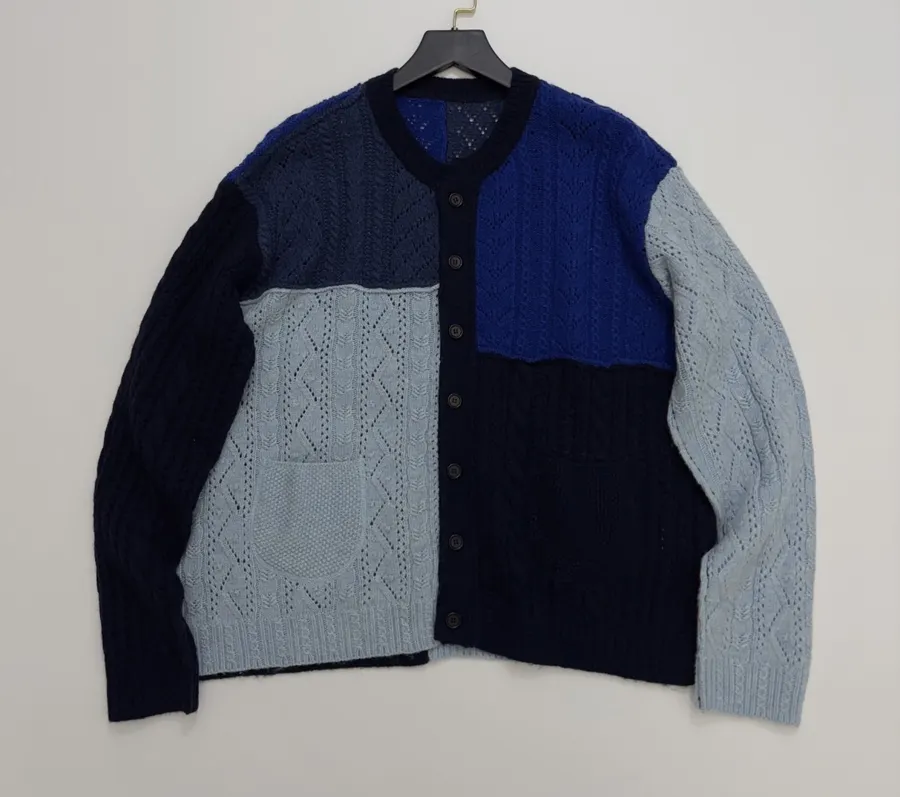Japanese-style Shetland wool patchwork cardigan in As Shown, product view