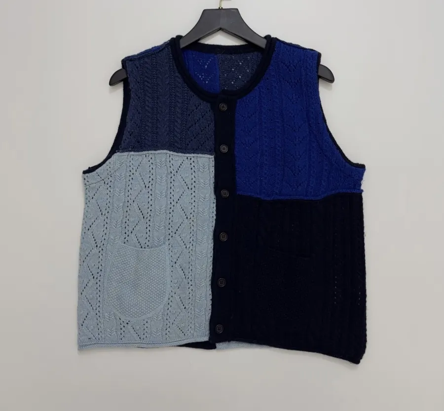 Japanese-style Shetland wool patchwork vest in As Shown, product view 01