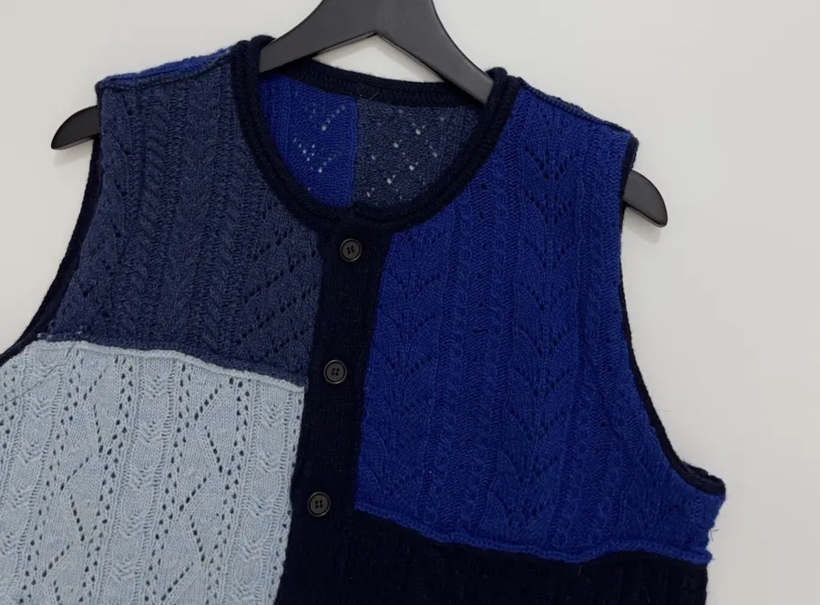 Japanese-style Shetland wool patchwork vest in As Shown, product view 02