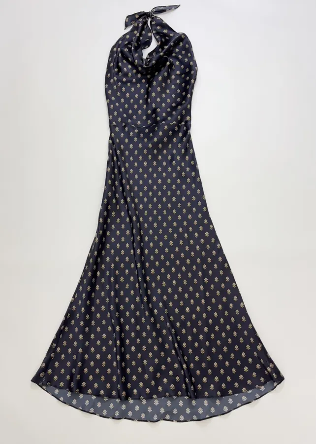 Réalisation Par Navy silk bias-cut halter-back long dress The Mila in Blue, product view 01