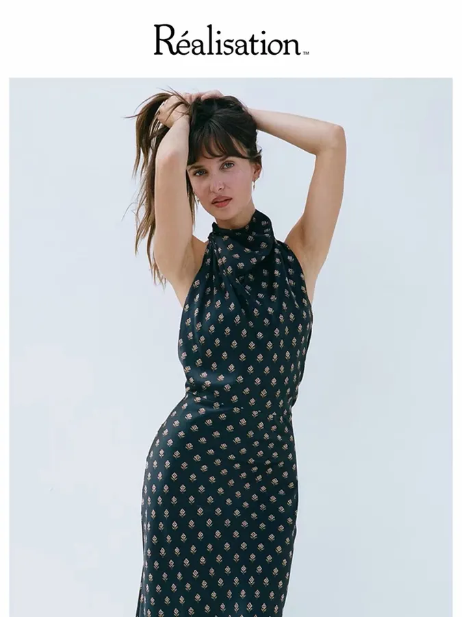 Réalisation Par Navy silk bias-cut halter-back long dress The Mila in Blue, product view 19
