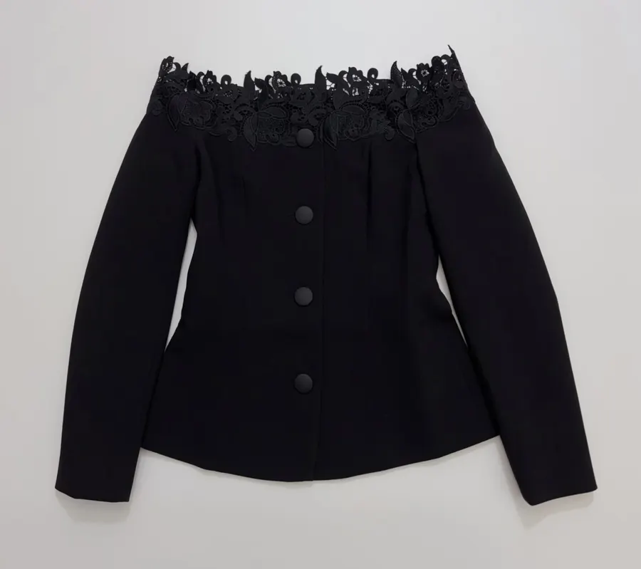 Black Off-Shoulder Lace-Embroidered Fitted Top in Black, product view 01