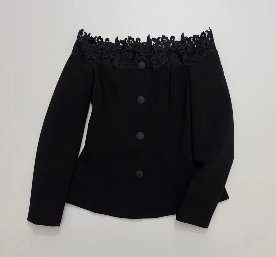 Black Off-Shoulder Lace-Embroidered Fitted Top in Black, product view 02
