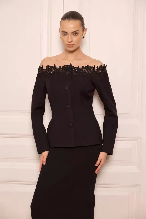 Black Off-Shoulder Lace-Embroidered Fitted Top in Black, product view 19