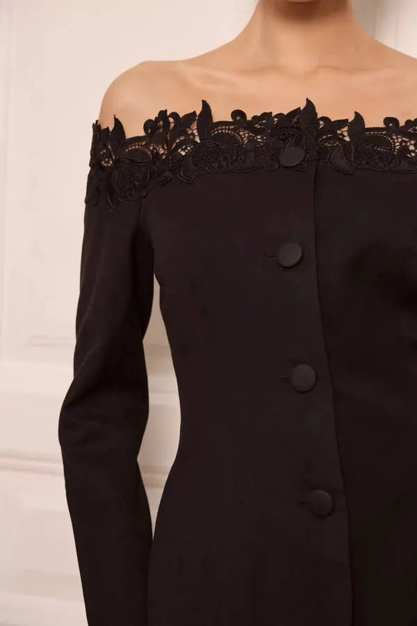 Black Off-Shoulder Lace-Embroidered Fitted Top in Black, product view 20