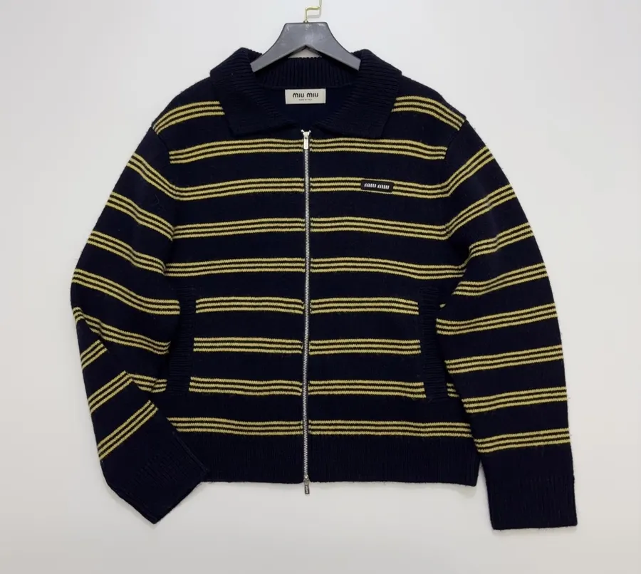 Miu Miu Contrast-stripe notched-collar zip-front knit cardigan in As Shown, product view