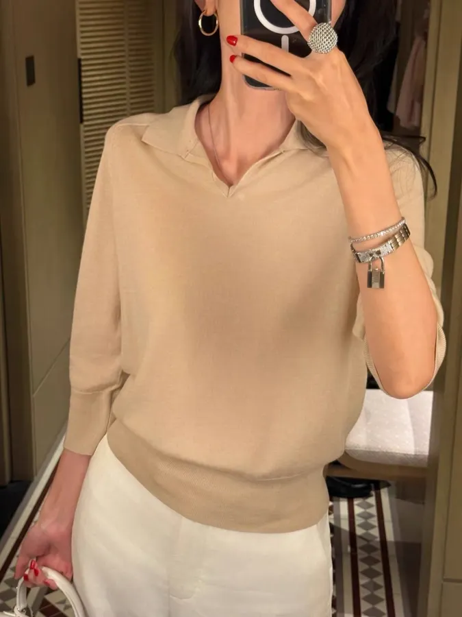 18-gauge cashmere polo top with 3/4 sleeves and collar in As Shown, product view 01