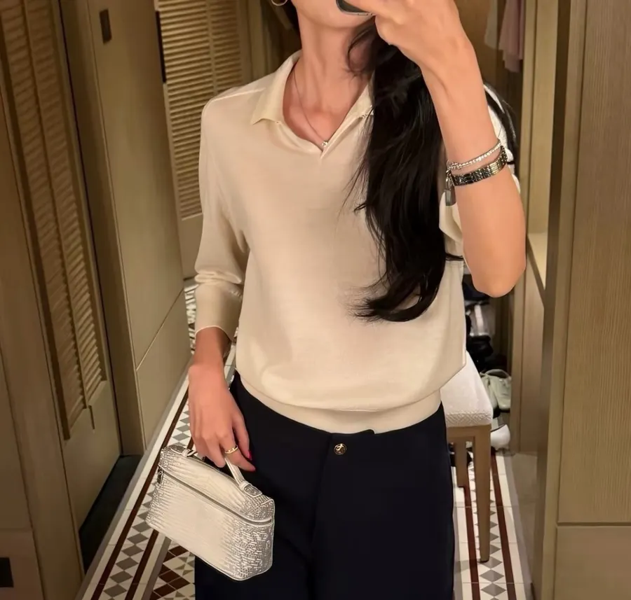 18-gauge cashmere polo top with 3/4 sleeves and collar in As Shown, product view 02