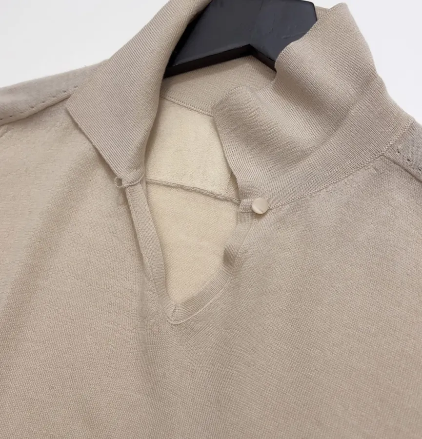 18-gauge cashmere polo top with 3/4 sleeves and collar in As Shown, product view 06