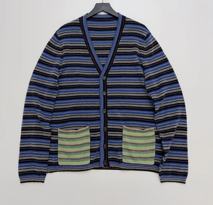 Blue and Green Striped Contrast-Pocket Cardigan in Blue and Green, product view 01