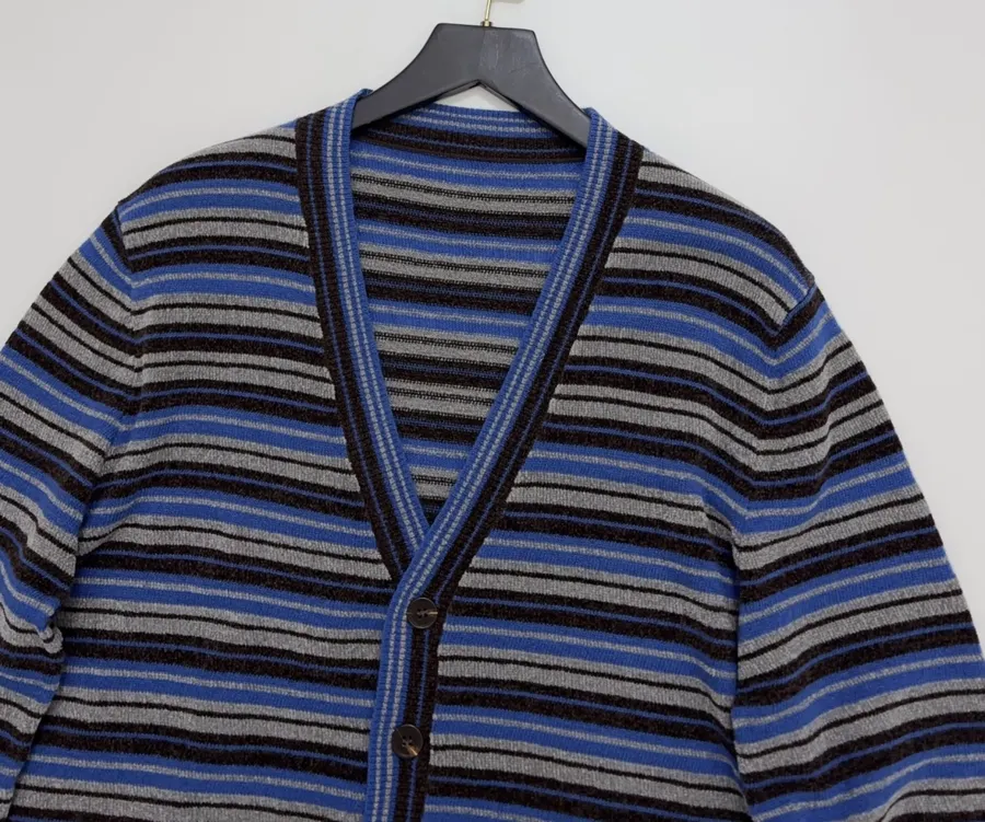 Blue and Green Striped Contrast-Pocket Cardigan in Blue and Green, product view 02