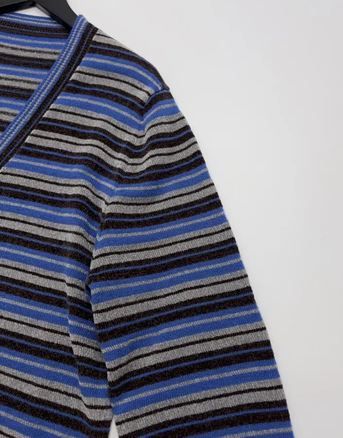 Blue and Green Striped Contrast-Pocket Cardigan in Blue and Green, product view 04
