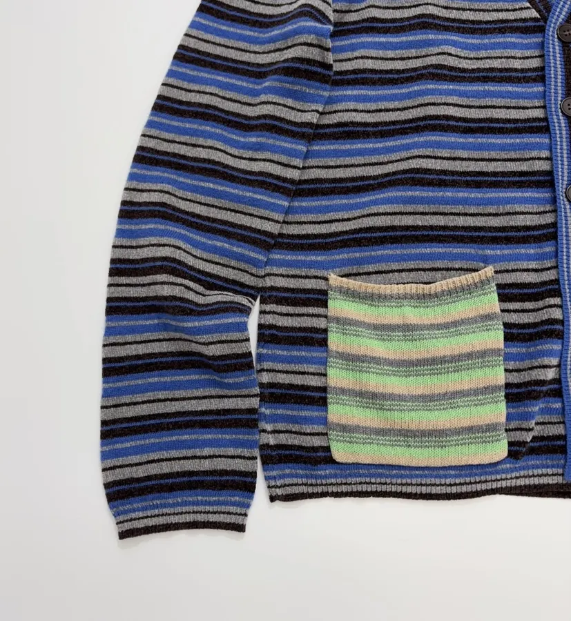 Blue and Green Striped Contrast-Pocket Cardigan in Blue and Green, product view 09