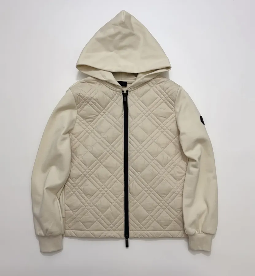米白连帽拼接菱格棉服｜卫衣袖拼接轻薄绗缝连帽休闲短款外套，象牙白，产品主图