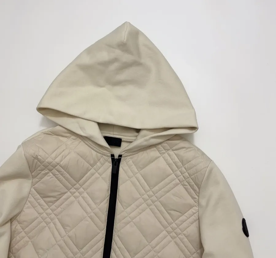 Beige Hooded Quilted Cotton Jacket | Hooded Casual Short Jacket with Sweatshirt Sleeves and Diamond Stitching in Ivory, product view 02