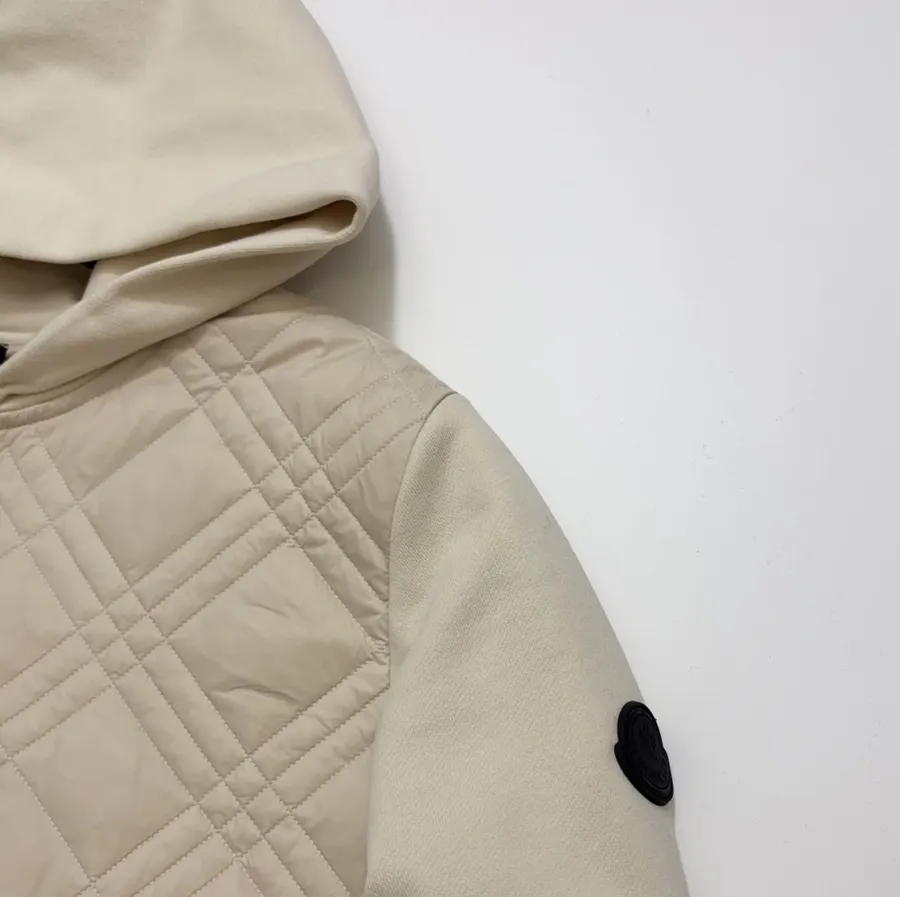 Beige Hooded Quilted Cotton Jacket | Hooded Casual Short Jacket with Sweatshirt Sleeves and Diamond Stitching in Ivory, product view 03