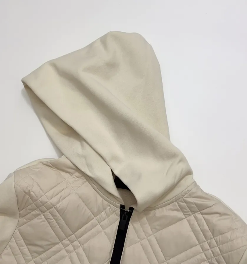 Beige Hooded Quilted Cotton Jacket | Hooded Casual Short Jacket with Sweatshirt Sleeves and Diamond Stitching in Ivory, product view 04