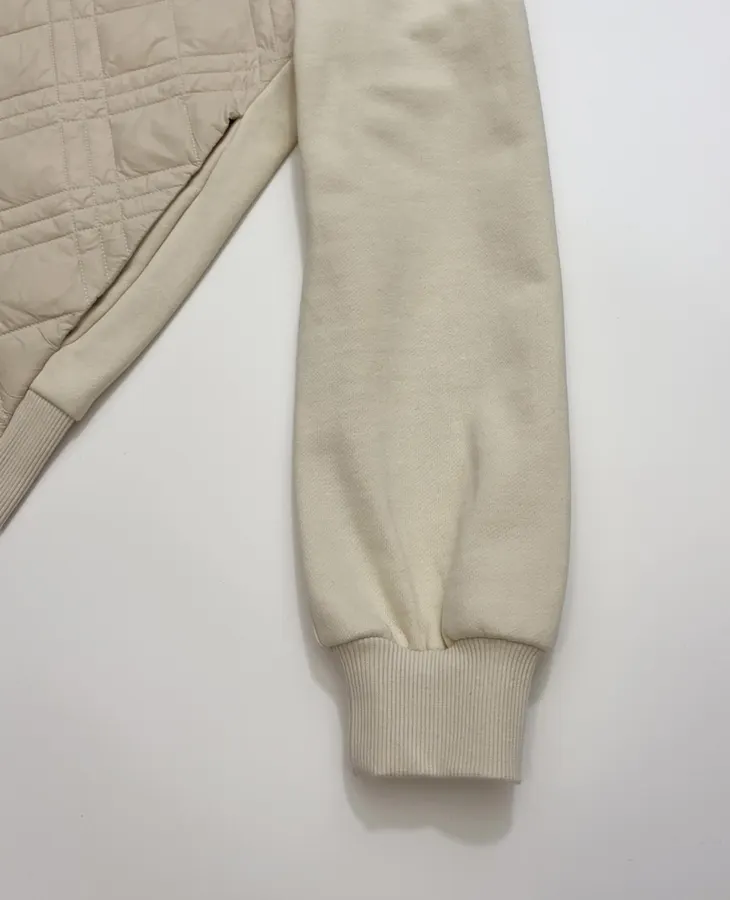 Beige Hooded Quilted Cotton Jacket | Hooded Casual Short Jacket with Sweatshirt Sleeves and Diamond Stitching in Ivory, product view 06