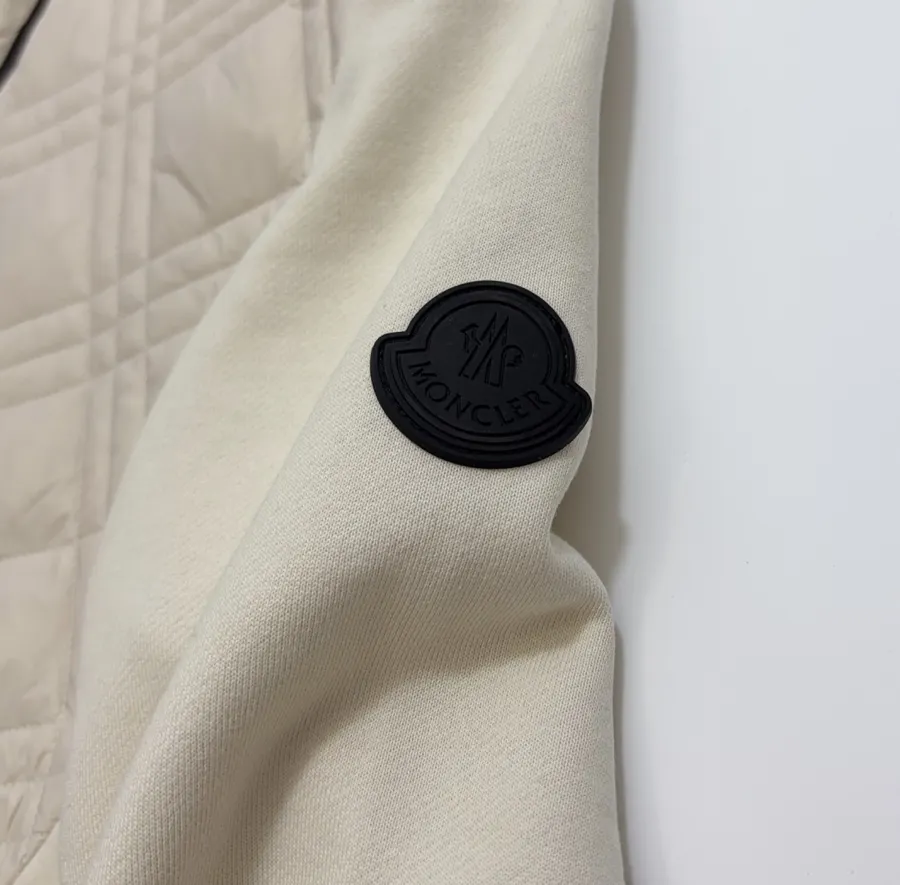 Beige Hooded Quilted Cotton Jacket | Hooded Casual Short Jacket with Sweatshirt Sleeves and Diamond Stitching in Ivory, product view 07