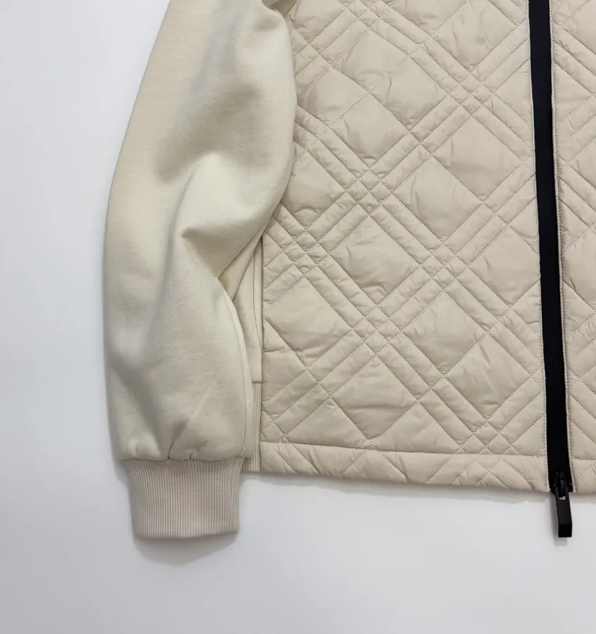 Beige Hooded Quilted Cotton Jacket | Hooded Casual Short Jacket with Sweatshirt Sleeves and Diamond Stitching in Ivory, product view 08
