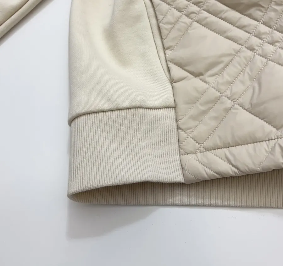 Beige Hooded Quilted Cotton Jacket | Hooded Casual Short Jacket with Sweatshirt Sleeves and Diamond Stitching in Ivory, product view 09