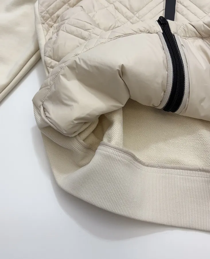 Beige Hooded Quilted Cotton Jacket | Hooded Casual Short Jacket with Sweatshirt Sleeves and Diamond Stitching in Ivory, product view 10