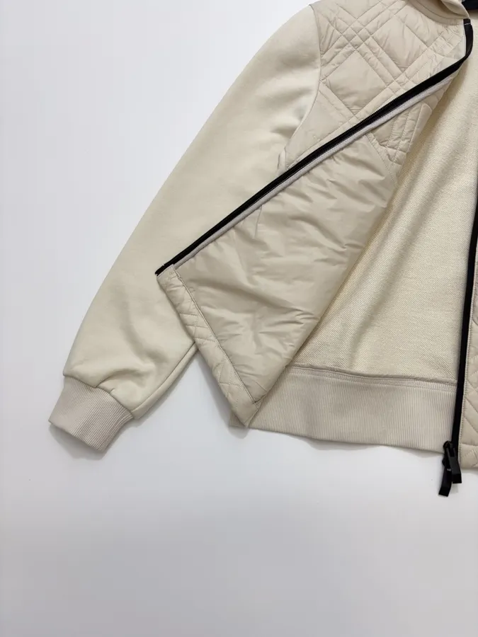 Beige Hooded Quilted Cotton Jacket | Hooded Casual Short Jacket with Sweatshirt Sleeves and Diamond Stitching in Ivory, product view 12
