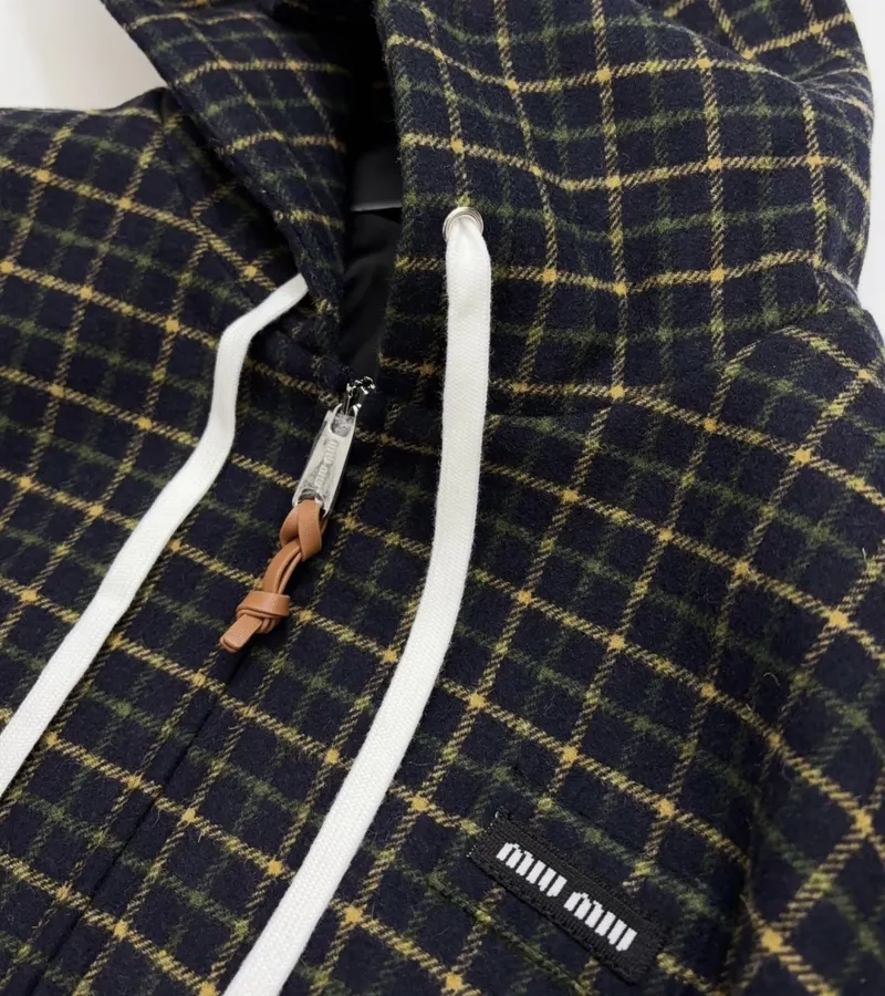 黑色格纹连帽套头夹克，黑色，商品图 4