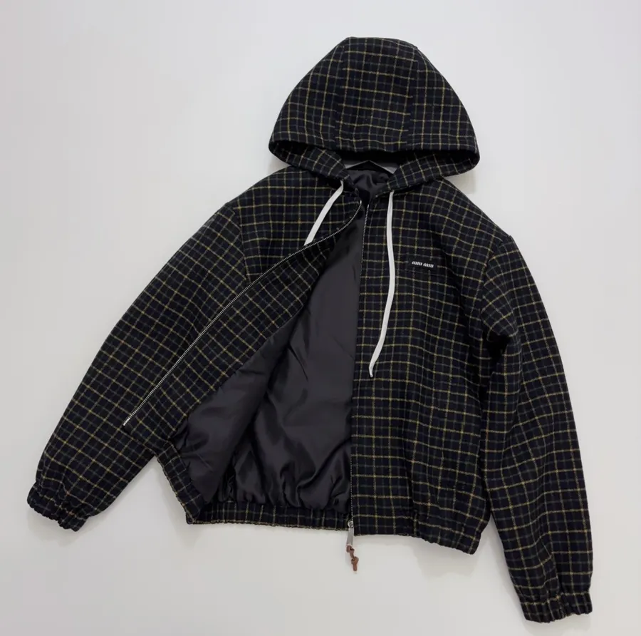 黑色格纹连帽套头夹克，黑色，商品图 13