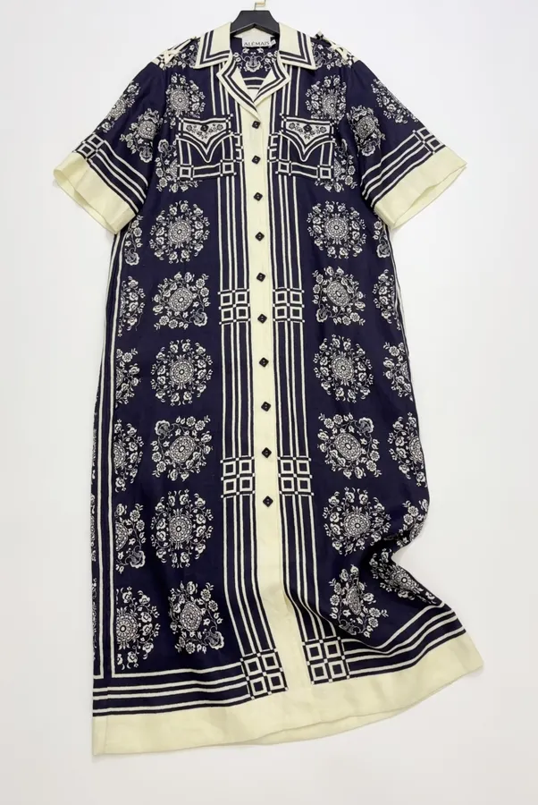 ALEMAIS Navy Floral-Print Short-Sleeve Belted Shirt Dress in Navy and Ivory, product view 02
